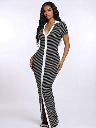 SHEIN SXY Women's Casual Minimalist Fashion Commuter Style Short Sleeve Black & White Striped Polo Dress, Knit High Stretch Fitted Split Dress, French Elegant Dress
