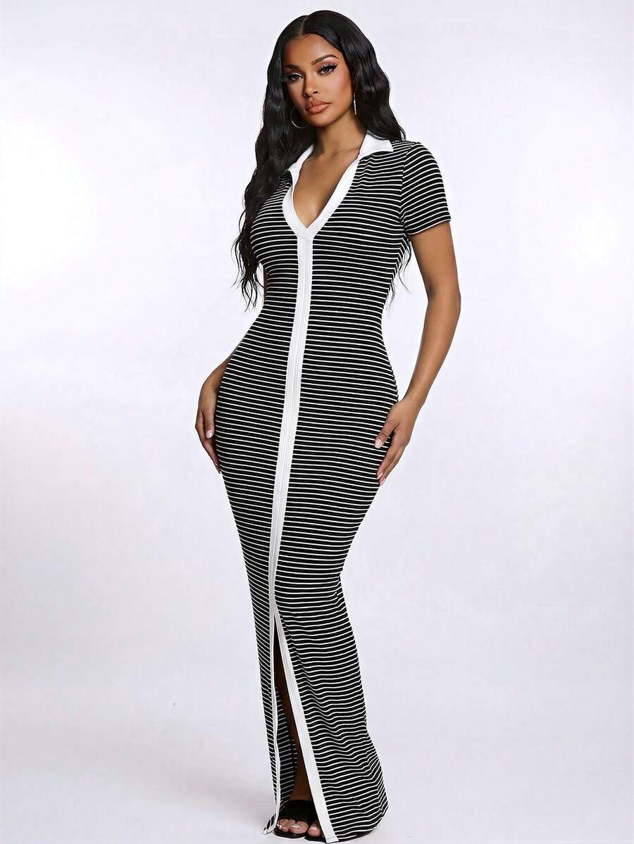 SHEIN SXY 女士休闲简约时尚通勤风短袖黑白条纹polo衫连衣裙，针织高弹修身开衩连衣裙，法式优雅连衣裙长款紧身连衣裙弹力连衣裙女士长款紧身连衣裙性感长款连衣裙黑白连衣裙女士连衣裙女士连衣裙女士连衣裙条纹连衣裙女士休闲连衣裙女士连衣裙 - 黑與白 - 查看 1