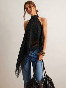 Freevana 女士撞色蕾丝不对称下摆时尚吊带背心 - 黑色 - 查看 1