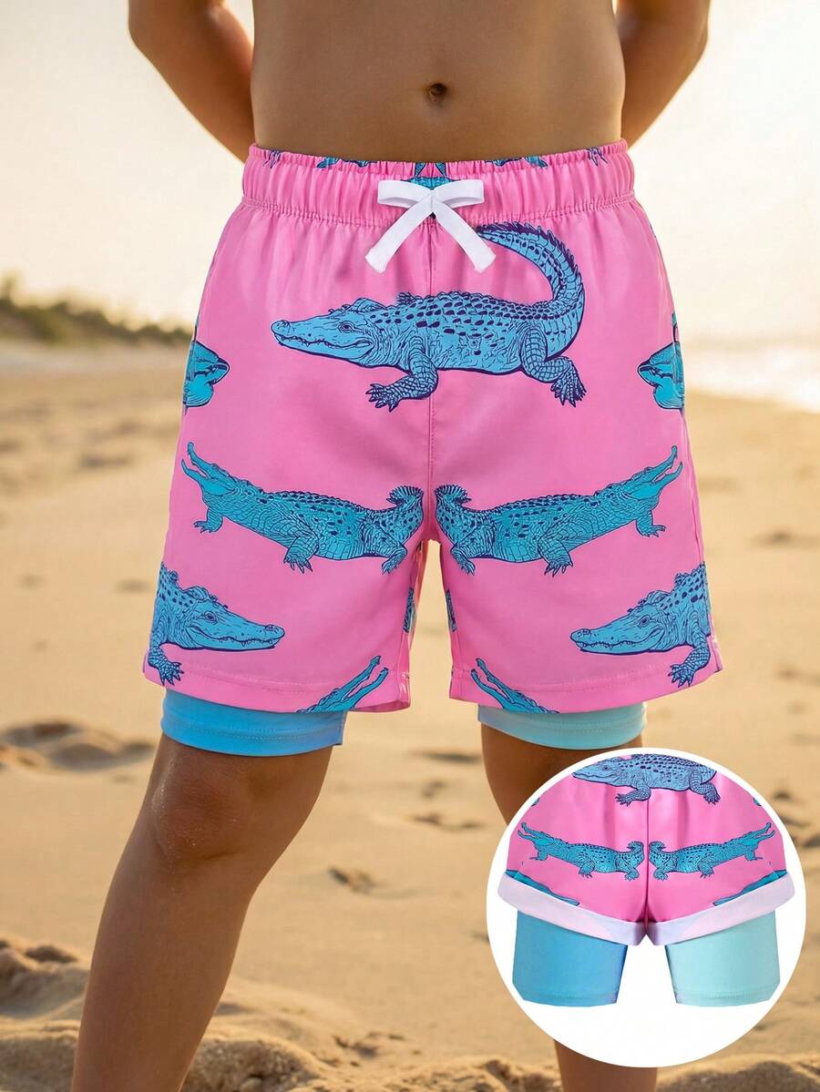 SHEIN Bubblio Conjunto de maiô infantil masculino, modelo justo com estampa de crocodilo, ideal para férias casuais, passeios ao ar livre, festas, viagens de verão à praia e para a primavera/verão. - Rosa - Ver 1