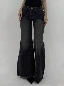 DAZY 女士宽松喇叭破洞水洗牛仔裤，饰有水钻，韩版风格 - 灰色 - 查看 2