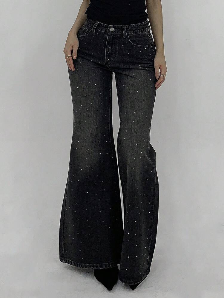 Women's Loose Flared Distressed Washed Denim Jeans With Rhinestones, Korean Style