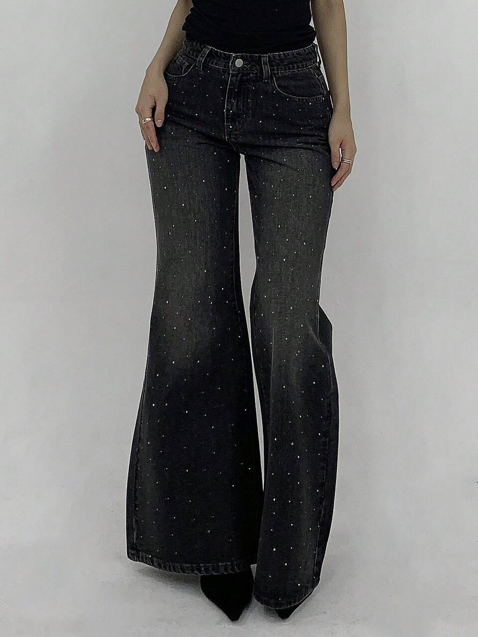 Women's Loose Flared Distressed Washed Denim Jeans With Rhinestones, Korean Style Petite