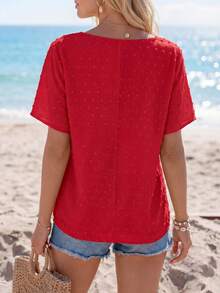 Sylviya 女士简约短袖日常衬衫，短袖上衣，休闲款 - 紅色 - 查看 2