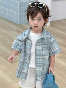 DAZY Camisa de manga corta con cuello vuelto a cuadros, estilo coreano para niños pequeños, primavera/verano - Celeste - Ver 2