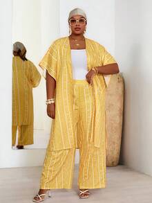 BrightlyHer Set 2 Potong Jubah Lengan Pendek Motif Geometris untuk Wanita Ukuran Besar dan Celana Panjang Lebar - Kuning - View 3