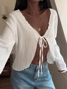 DAZY 女士V领长袖纹理面料开襟系带优雅衬衫 - 白色 - 查看 4