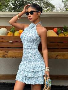 Sunnyshic Women's Ditsy Floral Halter Neck Ruffle Hem Bodycon Mini Dress - Multicolor - View 4