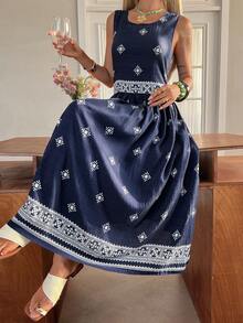 DAZY Women's Summer Round Neck Sleeveless Contrast Color Floral Print Casual Elegant Dress Boho Sun Dresses For Women Vacation Outfits Women - Navy Blue - View 2