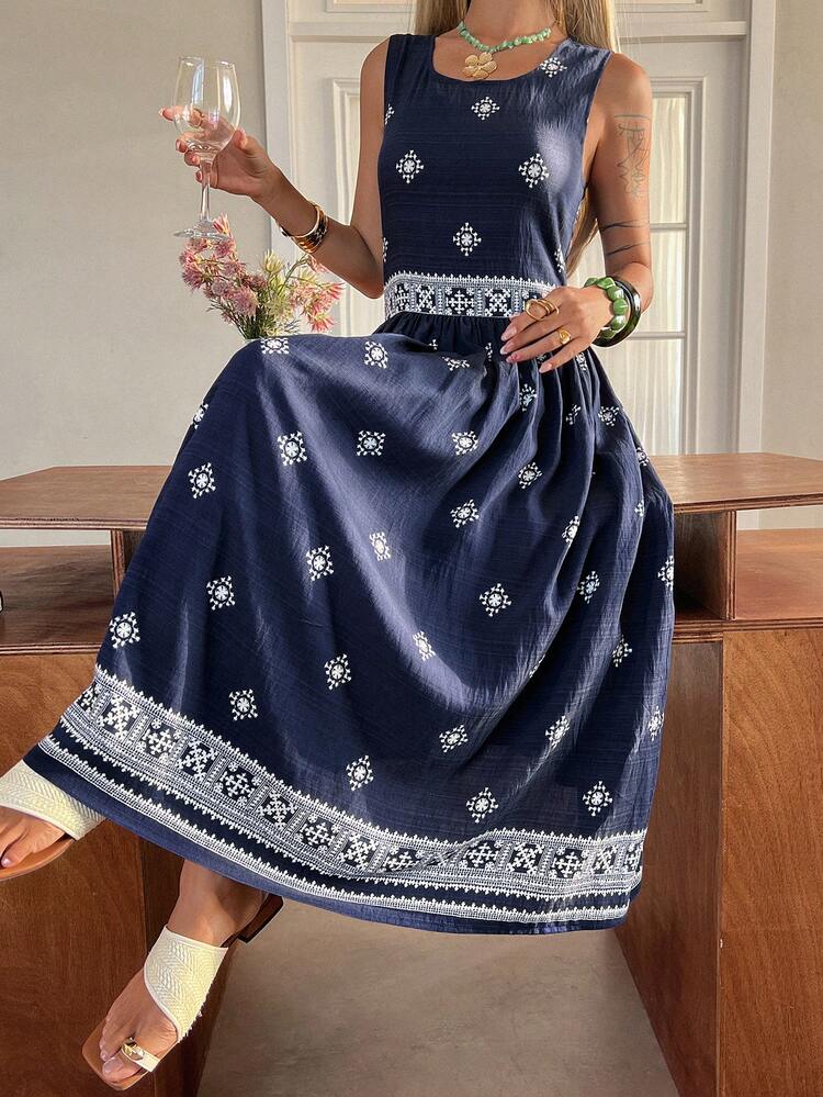 Women's Summer Round Neck Sleeveless Contrast Color Floral Print Casual Elegant Dress Boho Sun Dresses For Women Vacation Outfits Women