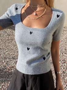 DAZY Women's Square Neck Short Sleeve Heart Embroidery Casual Elegant Knit Sweater - Grey - View 2