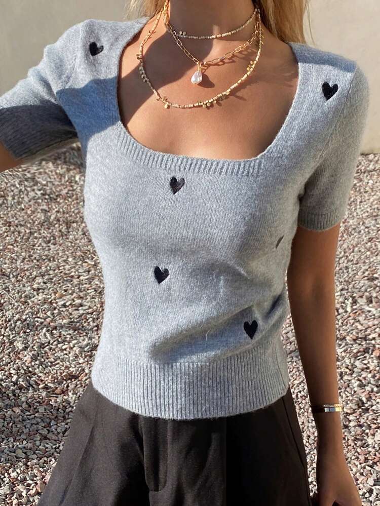 Women's Square Neck Short Sleeve Heart Embroidery Casual Elegant Knit Sweater Summer