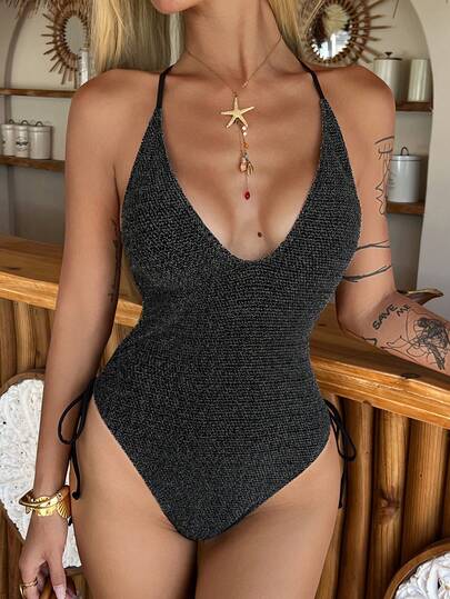 Livesso Women's Sexy Deep V Backless Rhinestone Decorated One-Piece Swimsuit