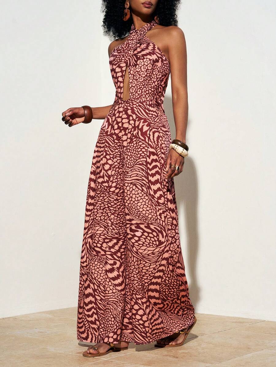 Zivah Women's Halter Tie-Up All-Over Print Casual Jumpsuit, Suitable For Vacation And Daily Wear