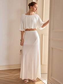 CLARA VERO Bộ 2 món: Áo tay bồng xếp ly và chân váy vạt lệch. - trắng - Xem 3