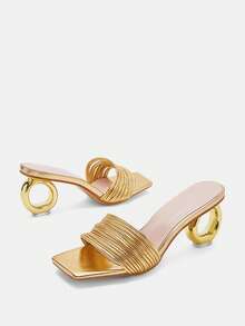 Glitzique 女士方头露趾不对称高跟凉鞋，时尚优雅的金属带凉鞋，适合任何场合 - 金色 - 查看 11