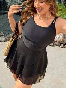 Swim Lushoire Conjunto de tankini de 2 piezas para mujer talla grande, con parte superior de malla de unicolor y parche, y Bottom de cintura alta. Traje de baño sencillo para vacaciones y uso diario - Negro - Ver 1