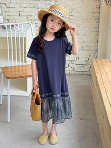Dazy Kids 韩版休闲撞色圆领短袖连衣裙夏季连衣裙 - 黑色 - 查看 5