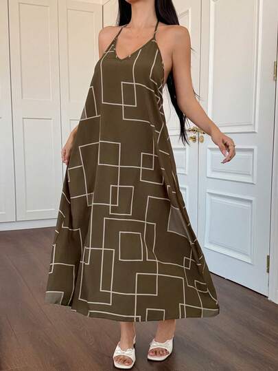 DAZY 女士度假几何图案吊带露背长款睡裙