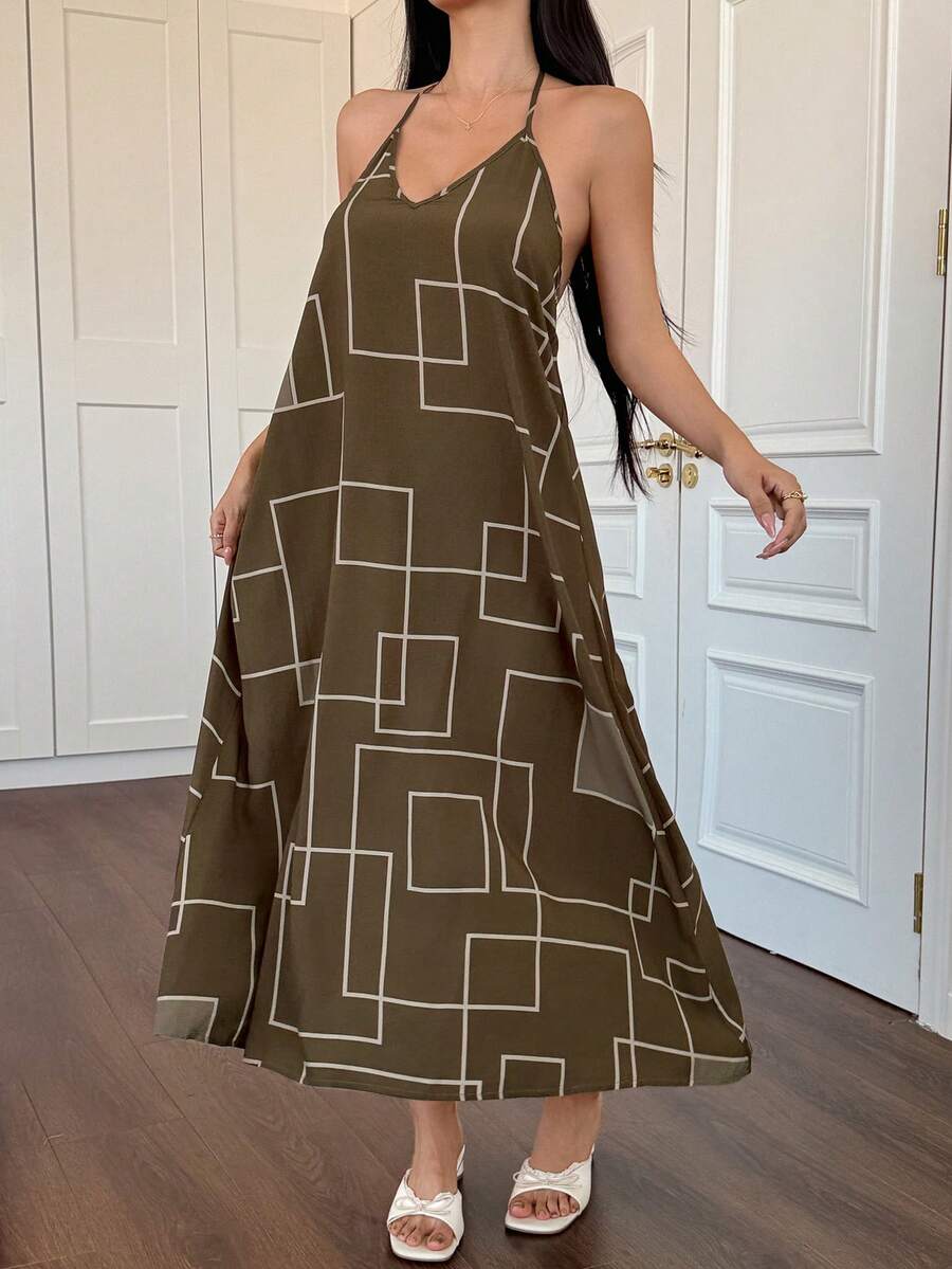 DAZY Camisón largo con tirantes finos y espalda descubierta con estampado geométrico para vacaciones para mujeres - Verde militar - Ver 1