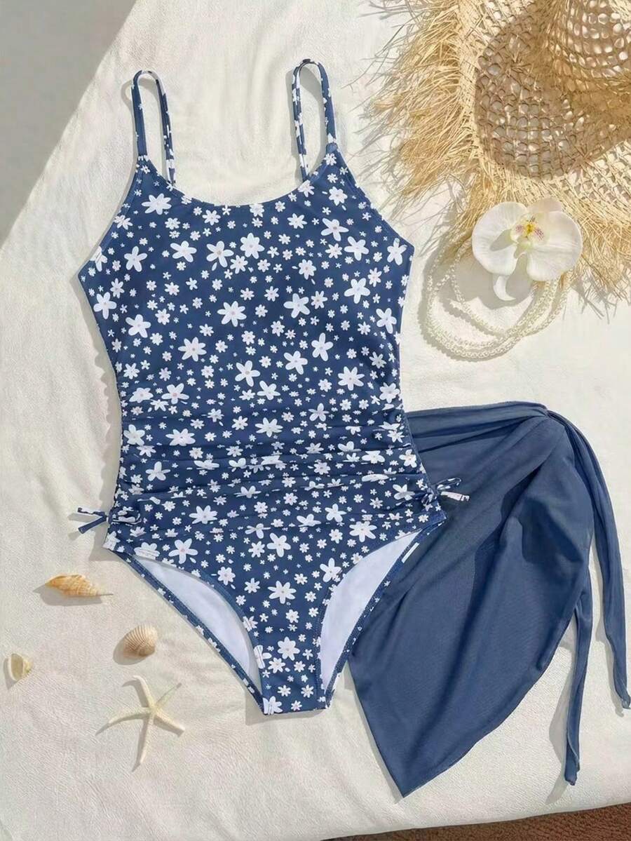 SHEIN 少女碎花露背褶皱连体泳衣，带裙摆，适合夏季度假、游泳和海滩穿着