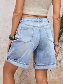 EMERY ROSE Pantaloncini di jeans casual larghi da donna con tasche, chiusura con bottoni e orlo arrotolato - Blu - Visualizzare 2