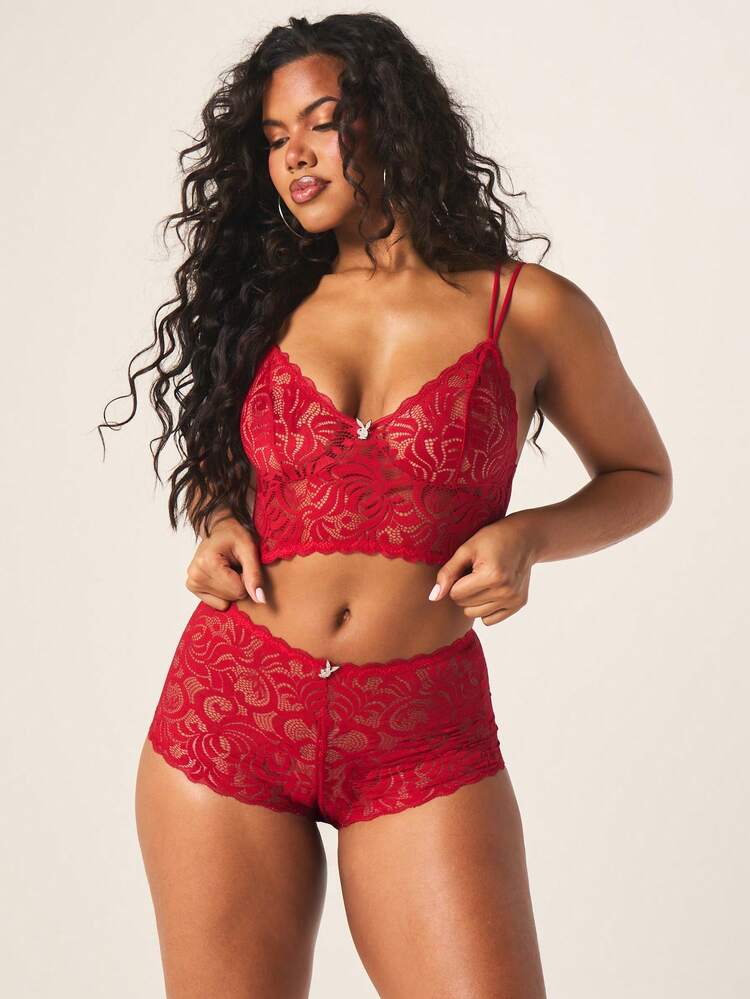 Missguided x Playboy Women's Lace Bralette And Panty Set Intricate Floral Pattern Strappy Back Detail Intimate Lingerie Collection Valentine's Day