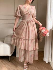 DAZY Women's Elegant Floral Shirred Ruffle Sleeve Midi Dress, Summer - Pink - View 5