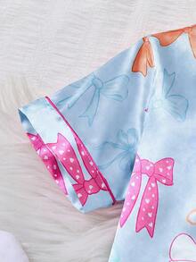 两件套少女浅粉色缎带蝴蝶结印花短袖开衫和裤子休闲家居服套装 - 藍色 - 查看 3