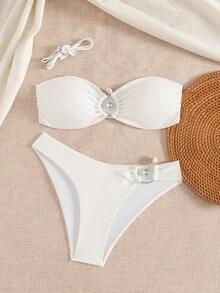 Swim Chiccia Ensemble de bikini élégant 2 pièces en satin blanc avec Top bandeau à bretelles amovibles et bas triangle taille basse - Blanc - Voir 4