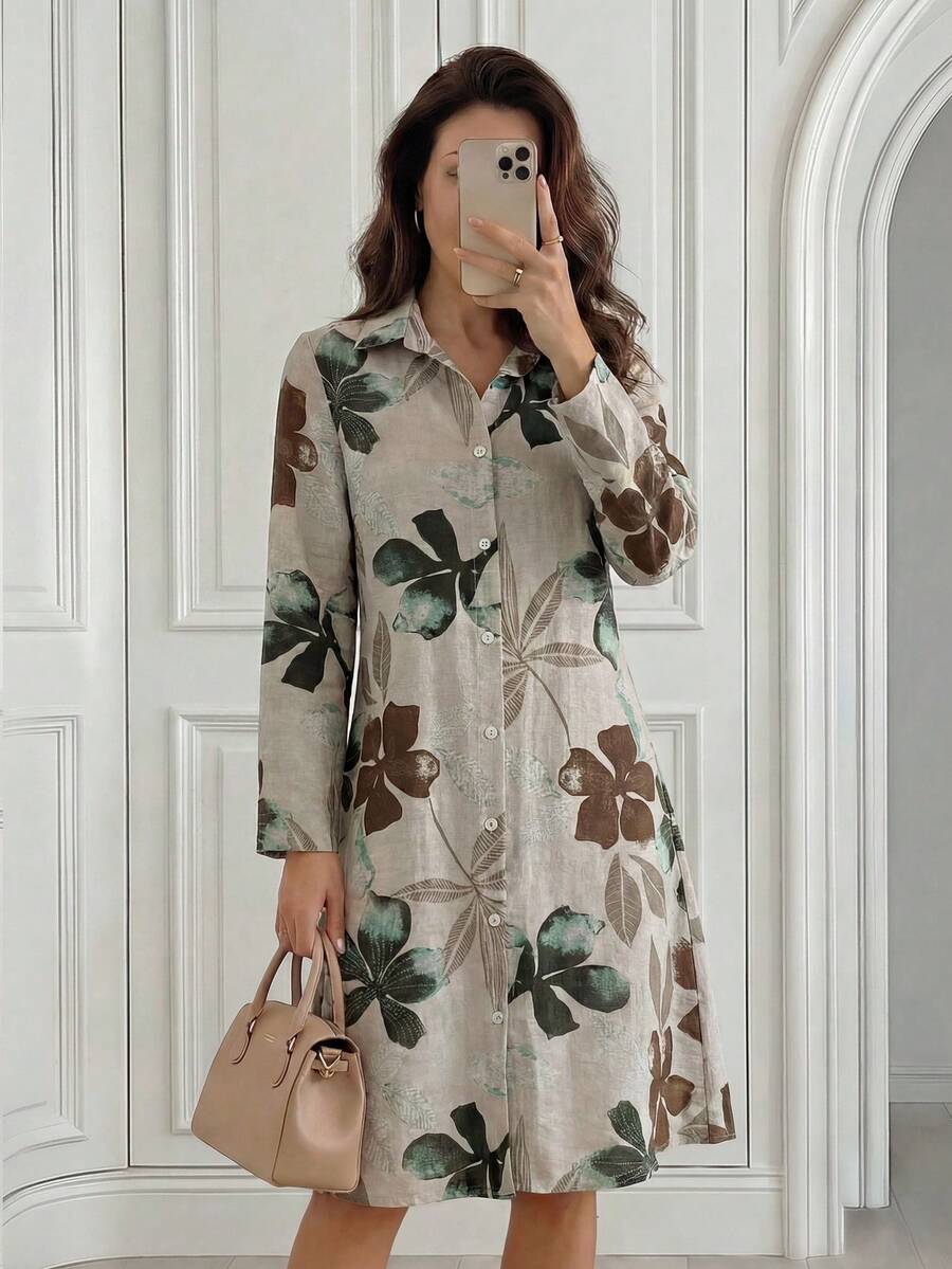 Miaspire Đầm midi dài tay in hoa dáng suông cho nữ, thích hợp mặc mùa hè. - Nhiều màu - Xem 1