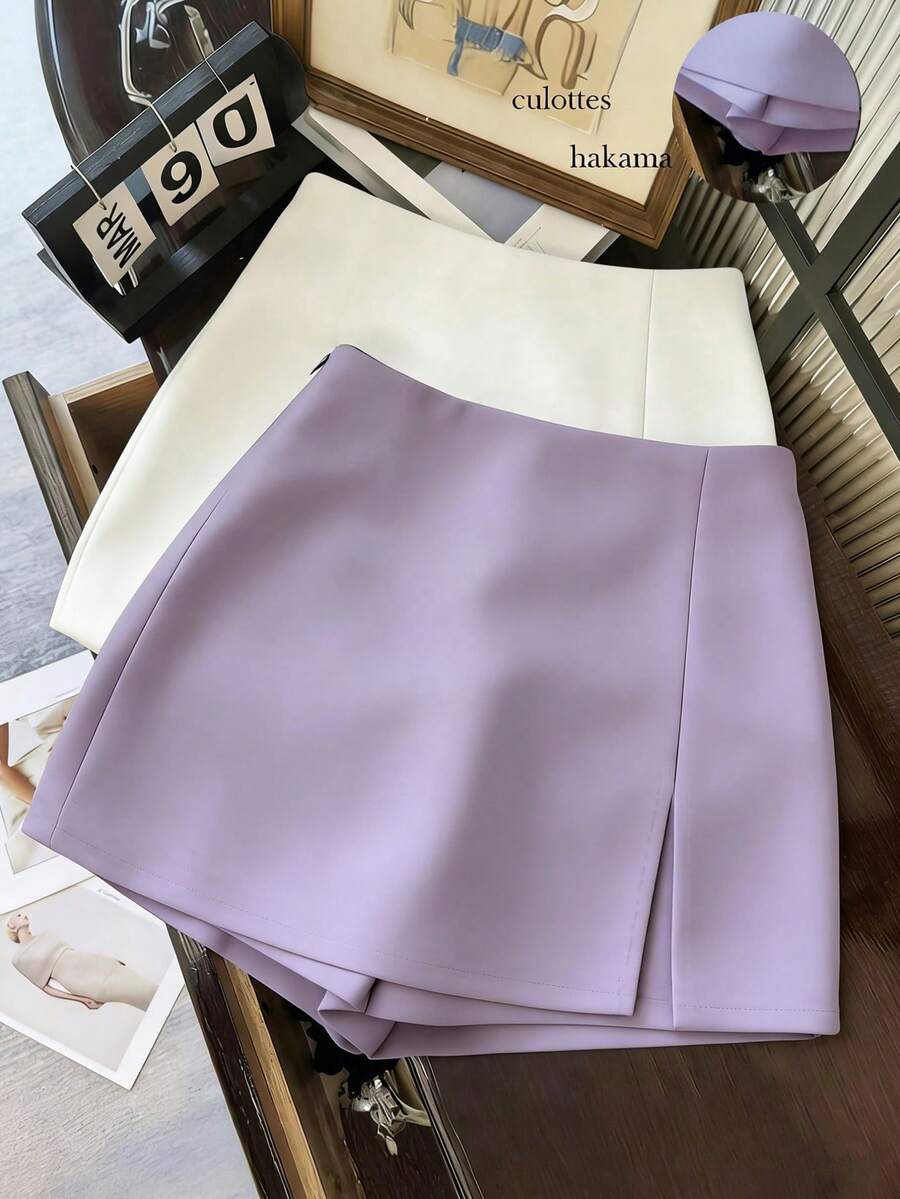 Franclia 时尚休闲通勤百搭质感柔软面料高腰开衩灰色女式短裤、女式半身裙、女式阔腿裤、女式热裤、春秋季休闲女装、女式迷你裙 - 紫色 - 查看 1