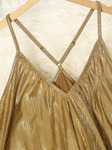 Franclia 优雅吊带深V领罗纹箔面无袖A字春夏连衣裙，金色，优雅女士正式礼服 - 金色 - 查看 5