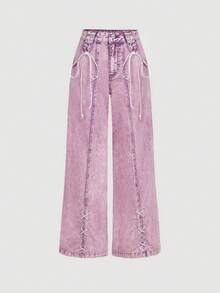 SHEIN MOD Women's Pocket Button Casual Versatile Daily Wear Wide Leg Jeans - Purple - View 5