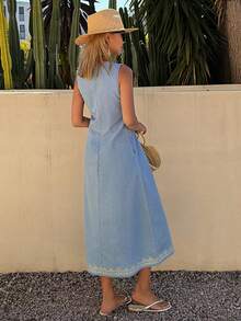 DAZY 女士夏季无袖荷叶边印花度假风休闲长款牛仔连衣裙 - 淺色水洗藍 - 查看 4