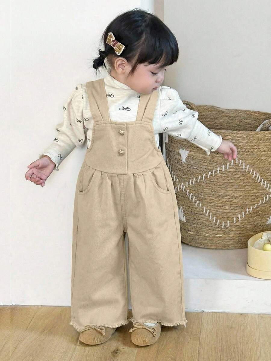 SHEIN Baby Girl Button Decor Pocket Frayed Hem Wide Leg Loose Denim Jumpsuit - Khaki - View 1