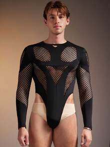FeverCity Mono ajustado de manga larga y malla negra sexy para hombre - Negro - Ver 3