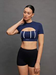 Activina Áo thun thể thao tay ngắn dáng lửng kẻ sọc khoét lỗ dành cho nữ - Dark Blue - Xem 3