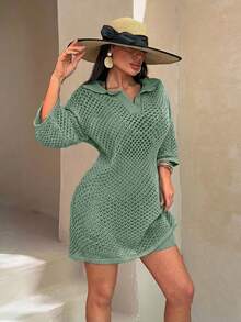 EURMUSE Casual Tropical Oversized Mesh Knit Top With Polo Collar - Perfect For Layering In Sage Green Set With Shorts Beach Vacation Summer - Mint Green - View 3