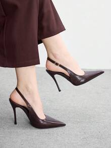 CUCCOO BIZCHIC 女士深棕色蛇纹尖头鞋，细高跟，金色搭扣装饰，复古优雅通勤约会鞋 - 深棕色 - 查看 1