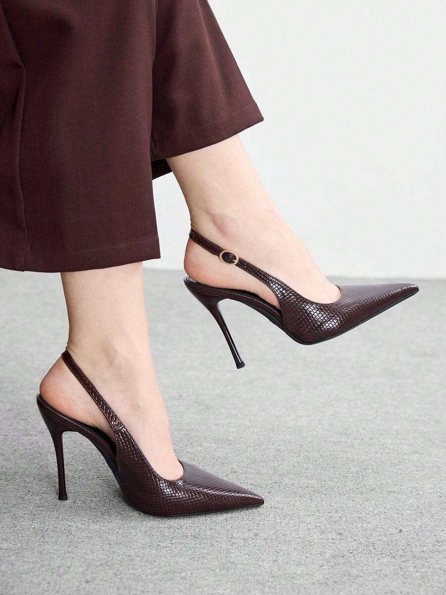 CUCCOO BIZCHIC 女士深棕色蛇纹尖头鞋，细高跟，金色搭扣装饰，复古优雅通勤约会鞋 - 深棕色 - 查看 1