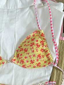 Swim Vcay 2026 New Retro American Style Sweet & Spicy Ditsy Floral Halter Bikini Top - Multicolor - View 7