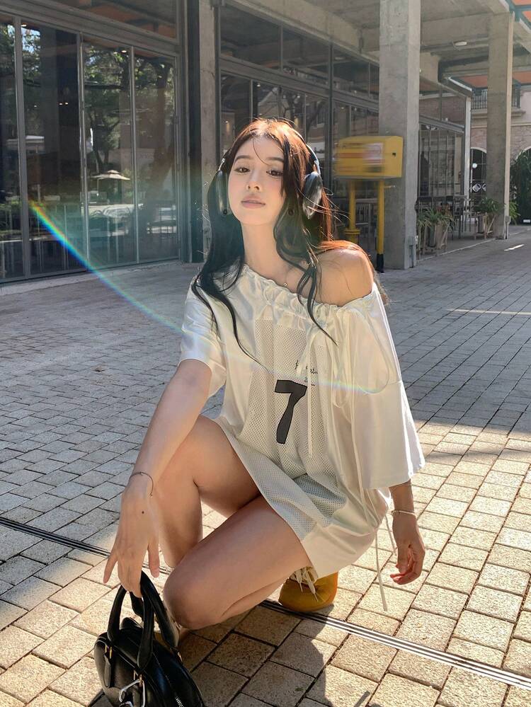 Women's Casual Loose Fit Numeric Print Asymmetrical Shoulder Short Sleeve T-Shirt