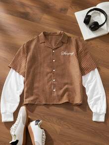 SWAVVY Men's Letter Embroidery Plaid Print 2 In 1 Shirt - Brown - View 2