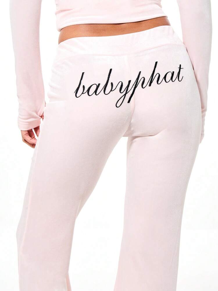 BABYPHAT Pink Velour Flare Leggings With Script Logo Embroidery High Rise Bootcut Wide Leg Comfort Stretch Lounge Pants Fall Winter Cozy