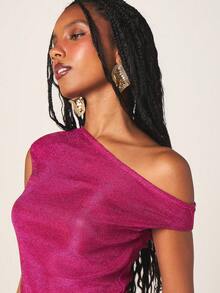 MISSGUIDED Sparkly Metallic Hot Pink Off Shoulder Asymmetric Top And Bodycon Mini Skirt Two Piece Co Ord Set Party Outfit - Pink - View 2