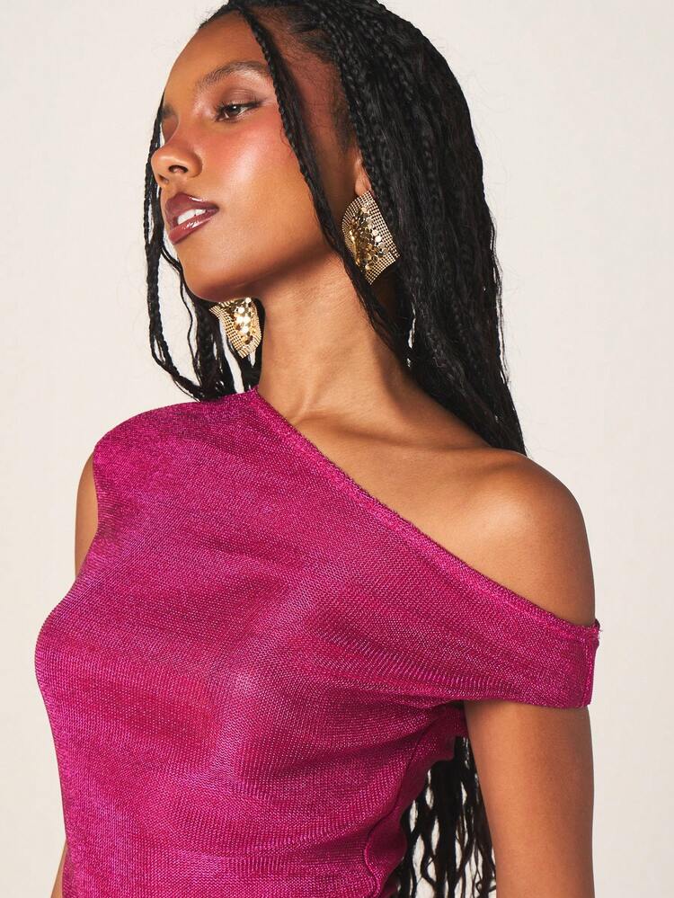 MISSGUIDED Sparkly Metallic Hot Pink Off Shoulder Asymmetric Top And Bodycon Mini Skirt Two Piece Co Ord Set Party Outfit