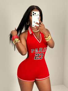 BamGleam Women's Sexy Letter & Number Print Backless Halter Romper, Summer - Red - View 5