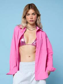 COUREZ Long Sleeve Oversized Shirt In Pink /Y2K Summer Pink Shirts Beach Holiday Swimwear Summer Vacation Going Out Beachwear - Pink - View 1