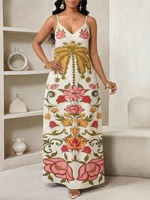SHEIN Lady 大码女士棕榈树印花休闲吊带裙 - 彩色 - 查看 2